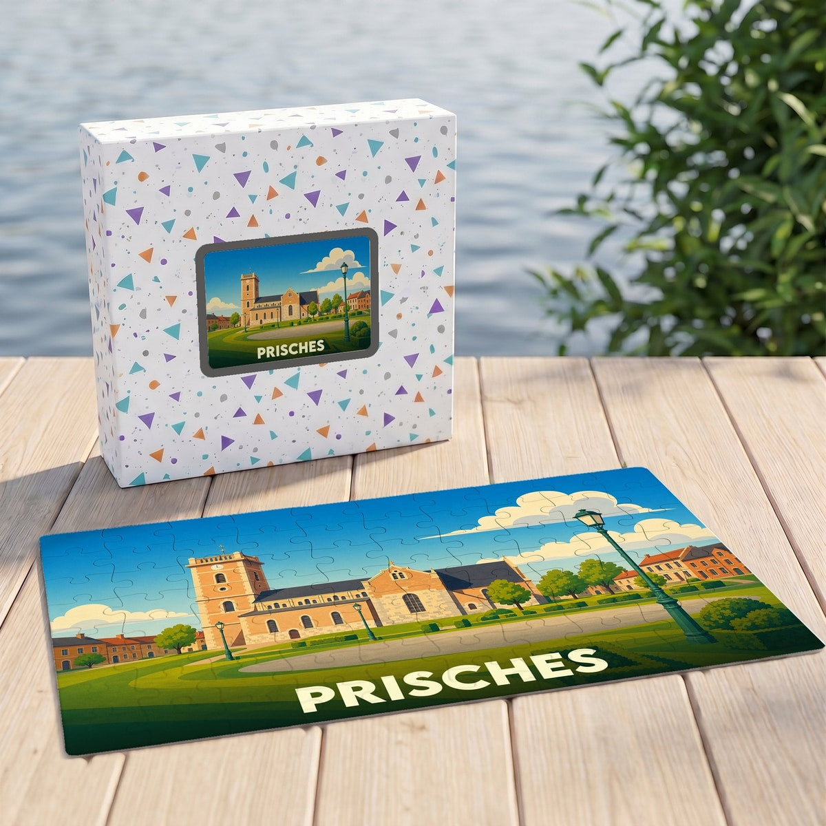Puzzle souvenir de la ville de Prisches avec une illustration stylisée de son église et de ses paysages.
