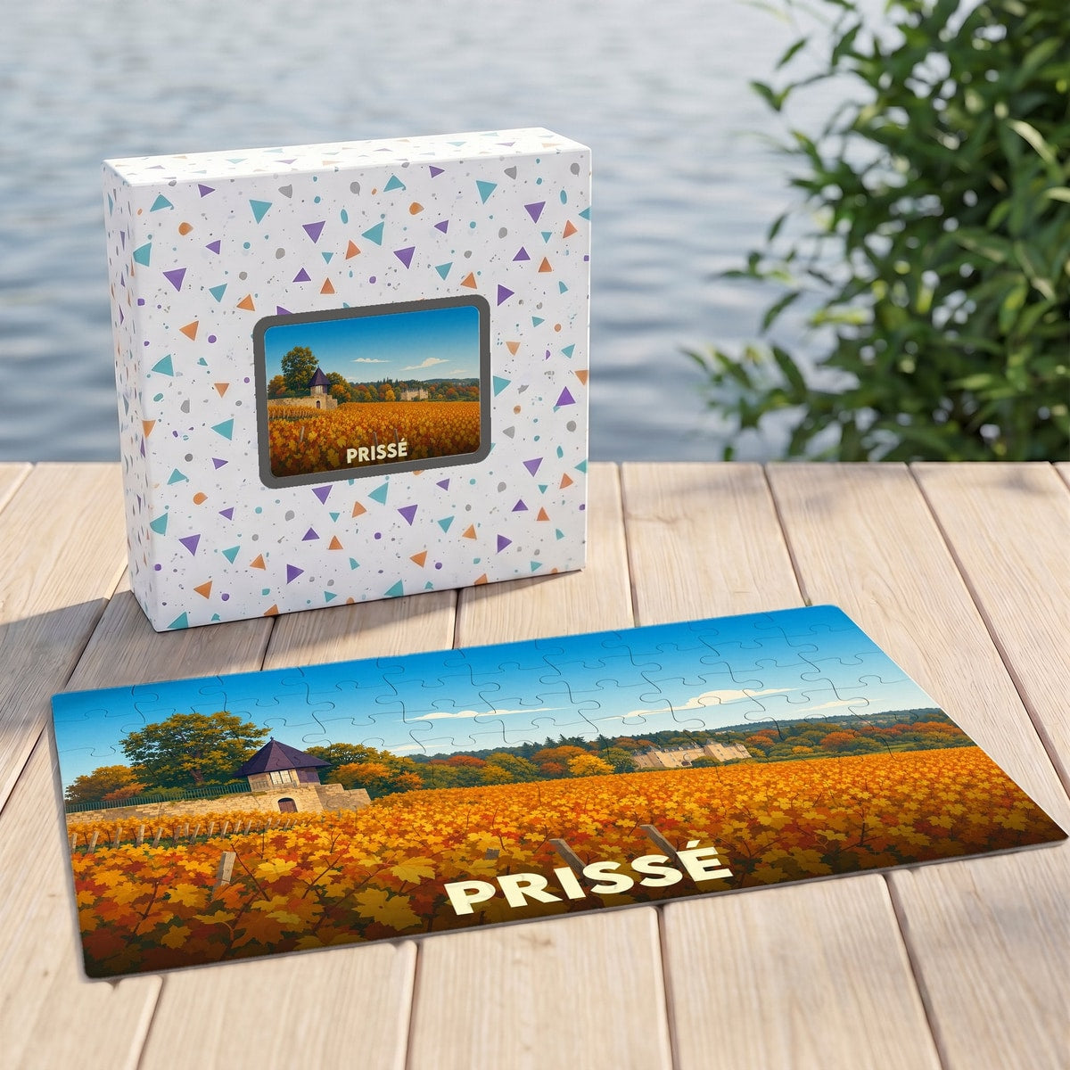 Puzzle souvenir de la ville de Prissé représentant un paysage de vignobles en automne.
