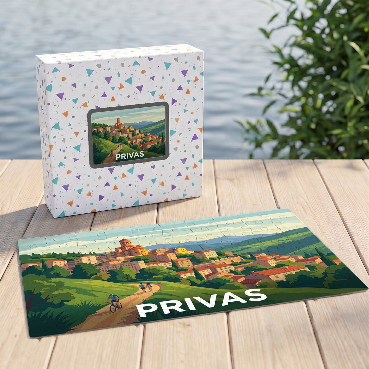 Puzzle souvenir de la ville de Privas avec une illustration stylisée d'un paysage urbain niché dans les collines.