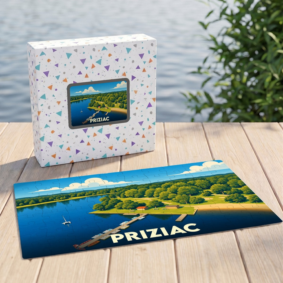 Puzzle souvenir de la ville de Priziac avec une illustration stylisée de son lac et de sa base nautique.