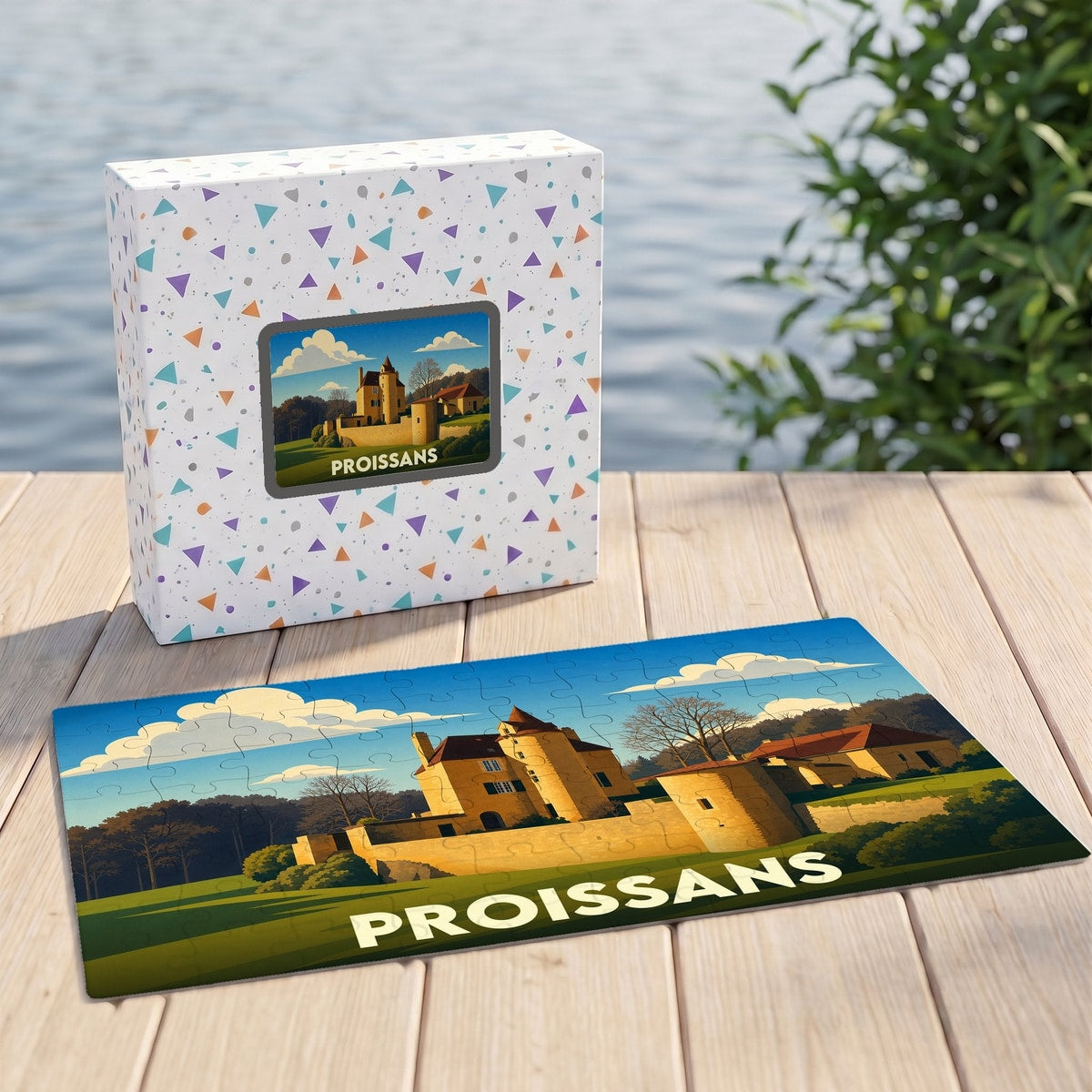 Puzzle souvenir de la ville de Proissans illustrant un château dans un style épuré.