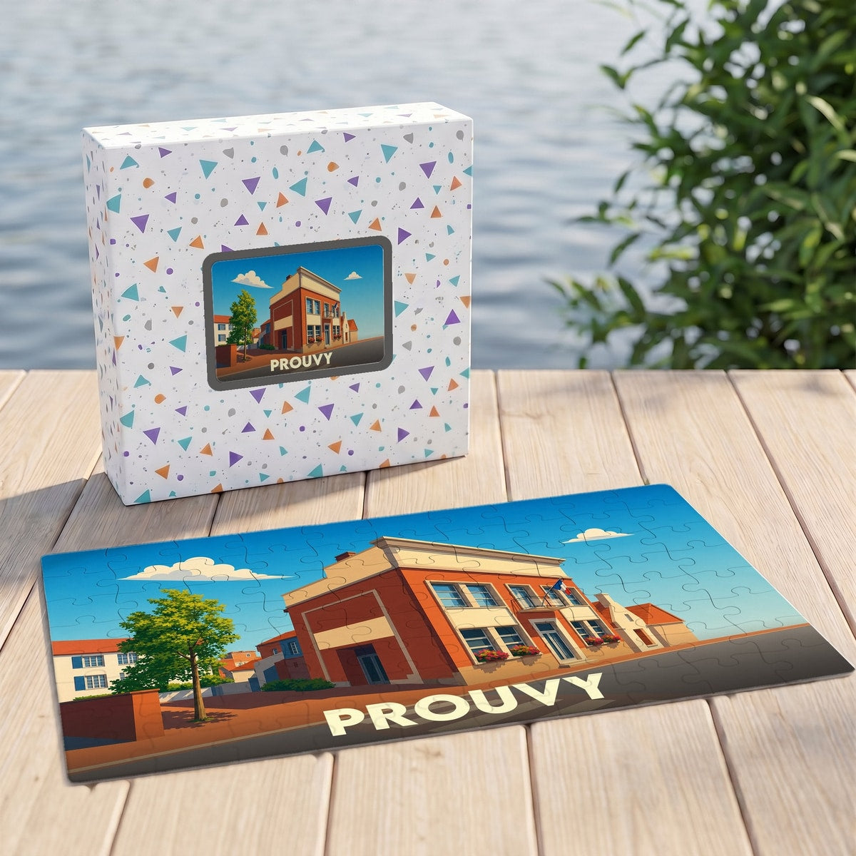 Puzzle souvenir de la ville de Prouvy avec une illustration stylisée et colorée.