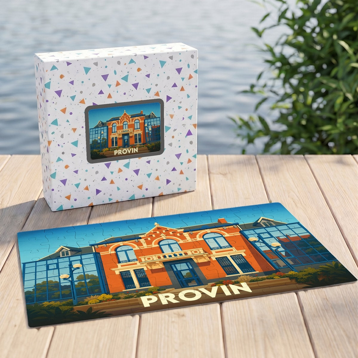 Puzzle souvenir de la ville de Provin avec une illustration stylisée d'un bâtiment remarquable.