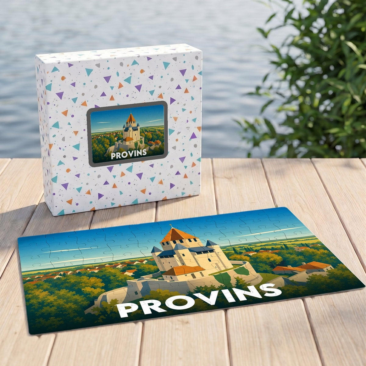 Puzzle souvenir de la ville de Provins illustrant son patrimoine médiéval avec un style graphique épuré.