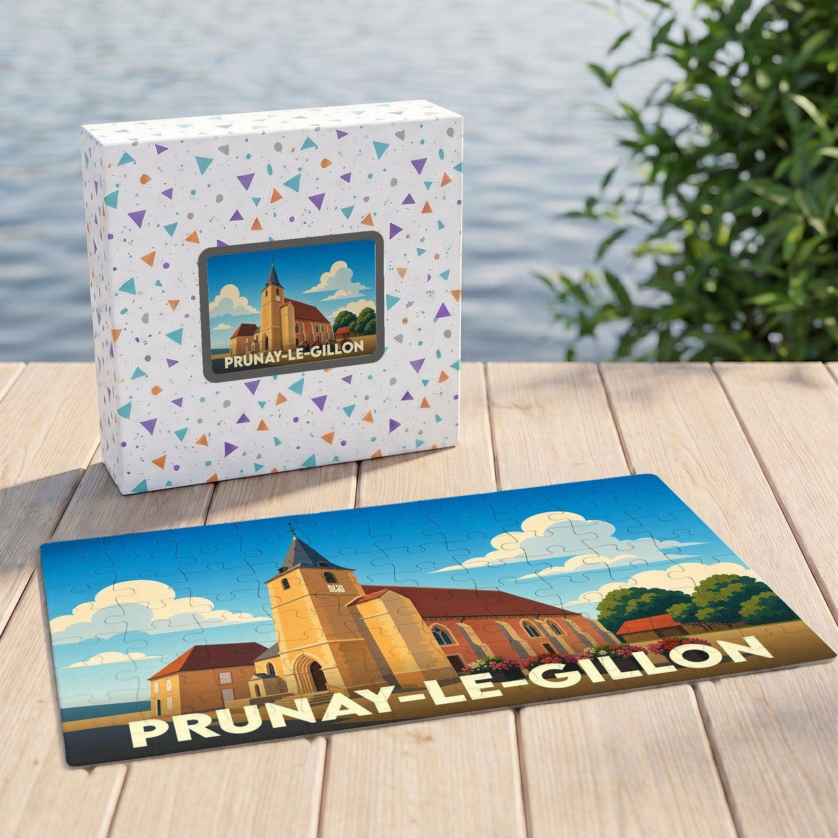Puzzle souvenir de la ville de Prunay-le-Gillon avec une illustration stylisée de son église.