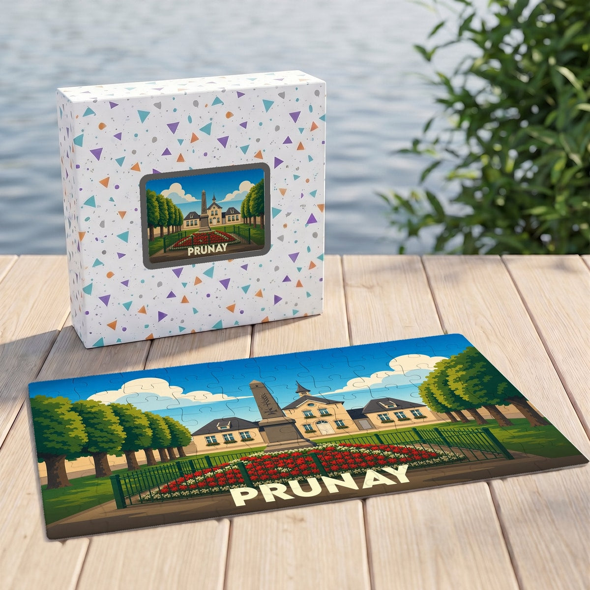 Puzzle souvenir de la ville de Prunay avec une illustration stylisée.