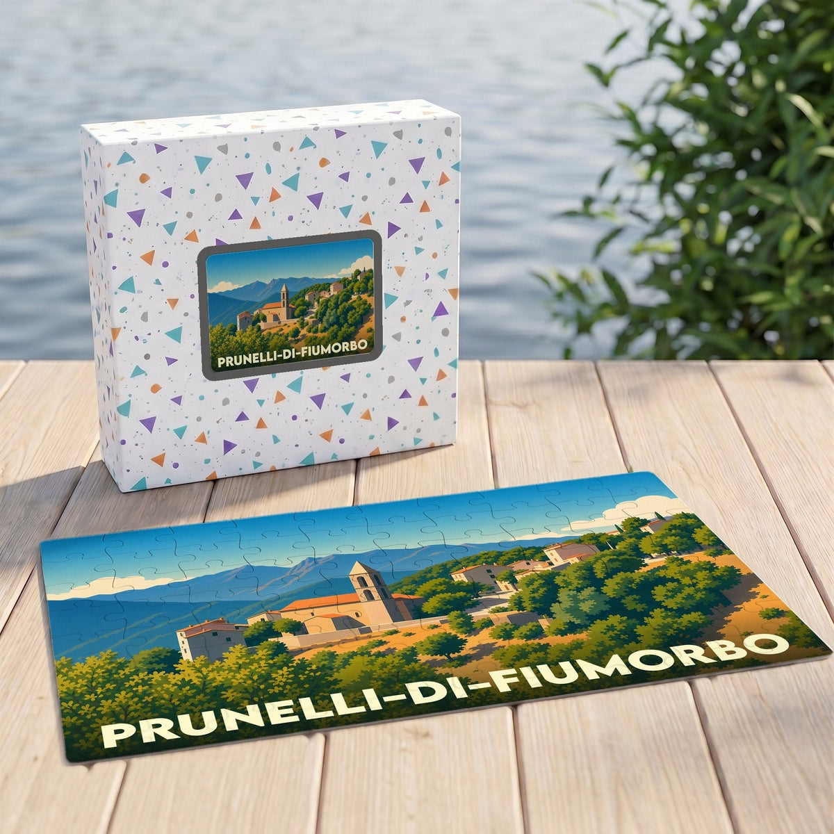 Puzzle souvenir de la ville de Prunelli-di-Fiumorbo avec une illustration stylisée de son village.