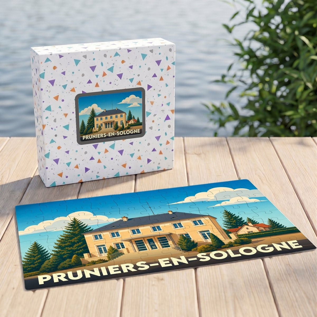 Puzzle souvenir de la ville de Pruniers-en-Sologne avec une illustration stylisée d'un bâtiment remarquable.