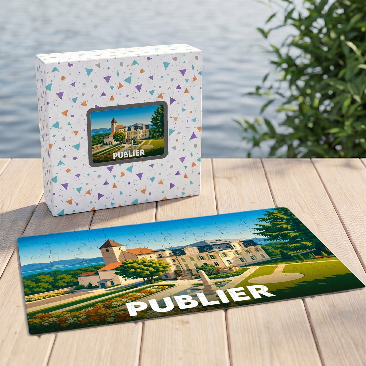 Puzzle souvenir de la ville de Publier avec une illustration stylisée de son patrimoine.