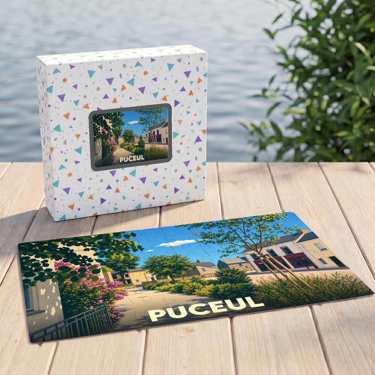 Puzzle souvenir de la ville de Puceul avec une illustration stylisée et colorée.