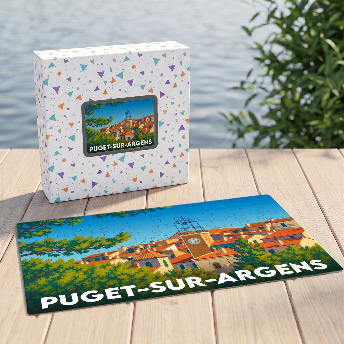 Puzzle souvenir de la ville de Puget-sur-Argens avec une illustration stylisée et colorée.