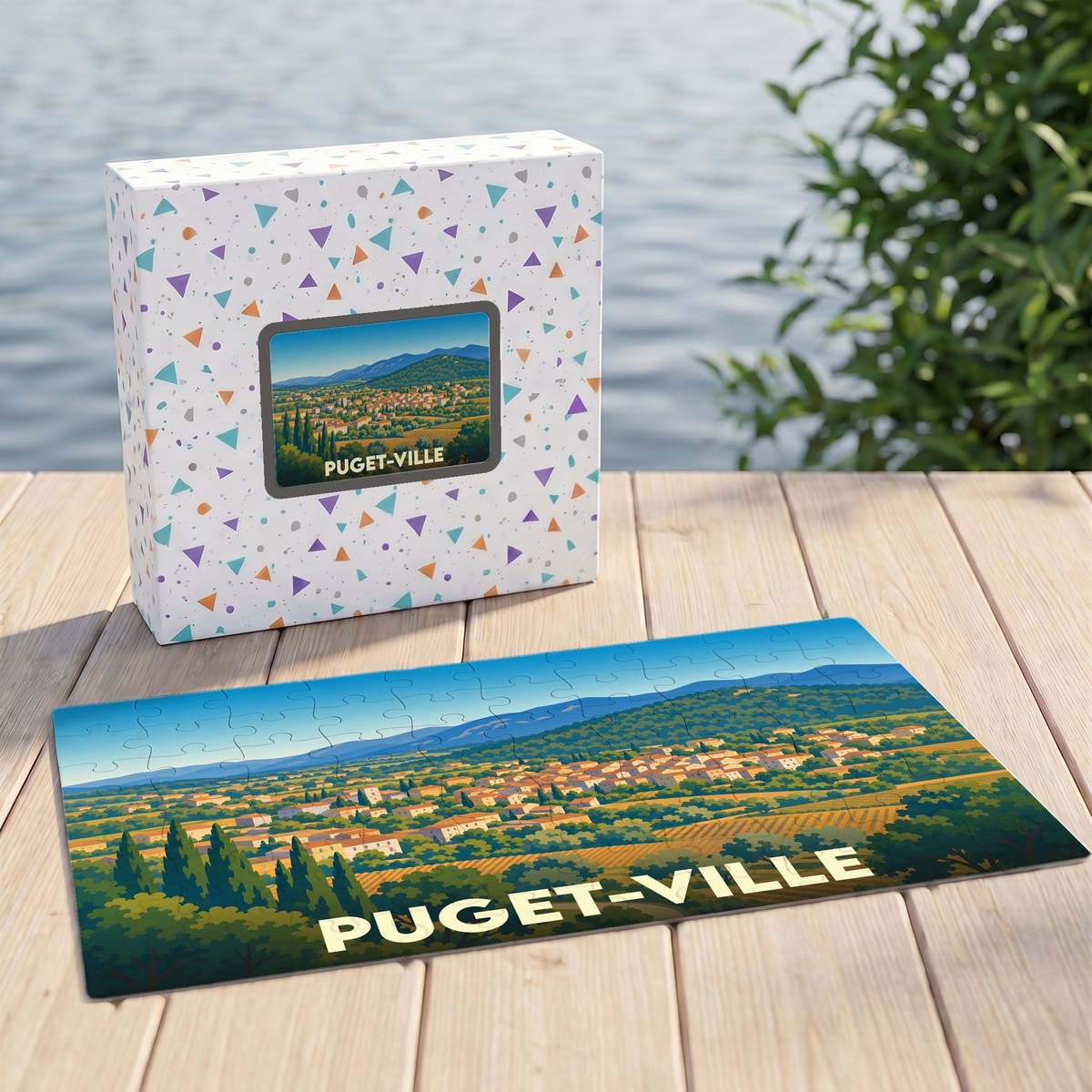 Puzzle souvenir de la ville de Puget-Ville représentant un paysage de village provençal avec une illustration stylisée.