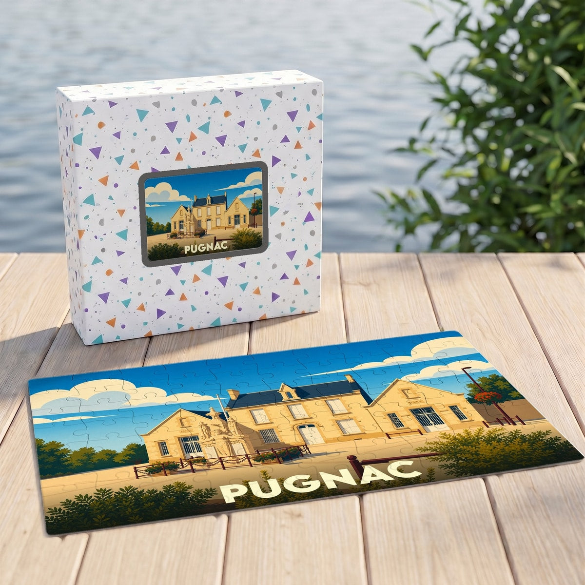 Puzzle souvenir de la ville de Pugnac avec une illustration stylisée de ses bâtiments officiels.