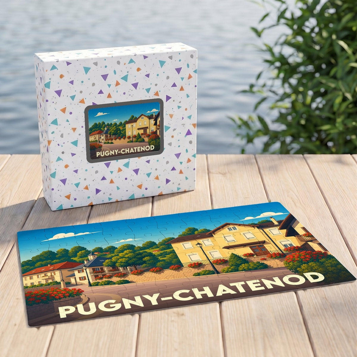 Puzzle souvenir de la ville de Pugny-Chatenod avec son illustration stylisée et sa boîte assortie.