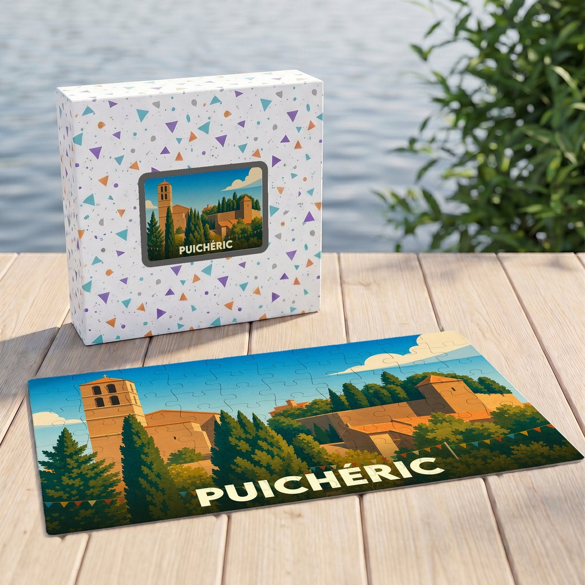 Puzzle souvenir de la ville de Puichéric avec une illustration stylisée et sa boîte assortie.