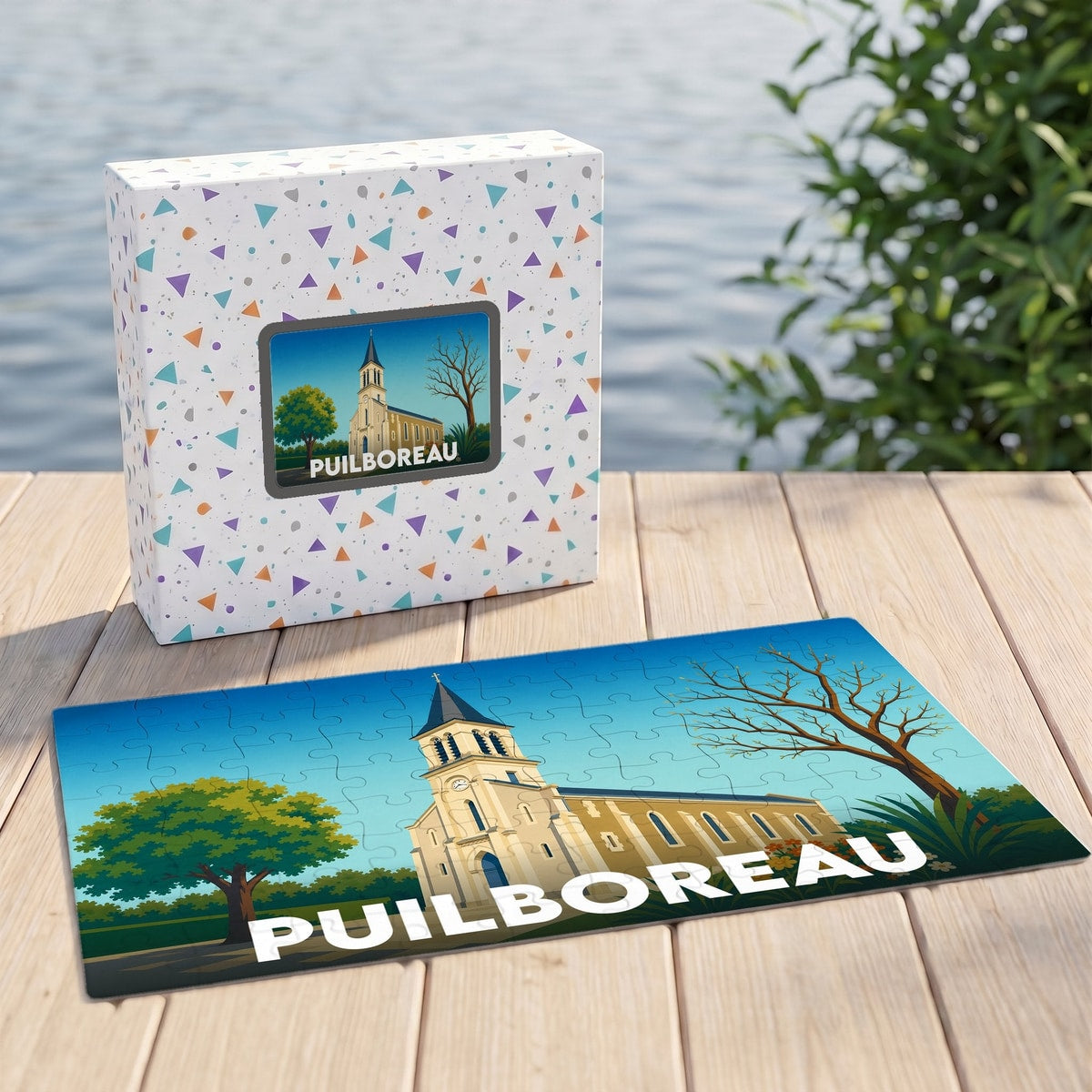 Puzzle souvenir de la ville de Puilboreau représentant son église dans un style illustré.