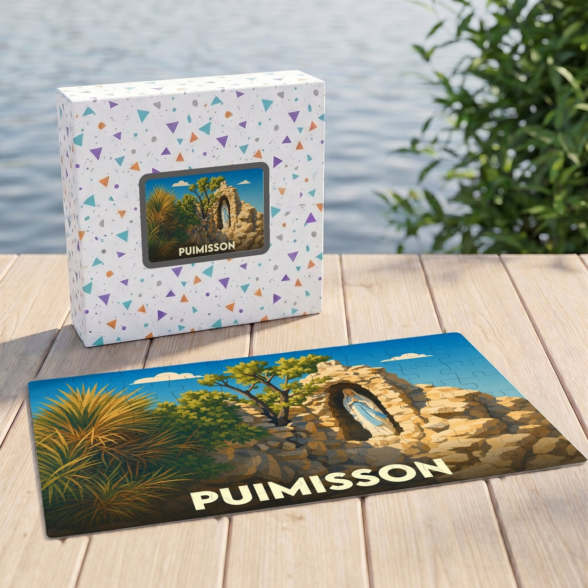 Puzzle souvenir de la ville de Puimisson avec une illustration stylisée d'une grotte religieuse.