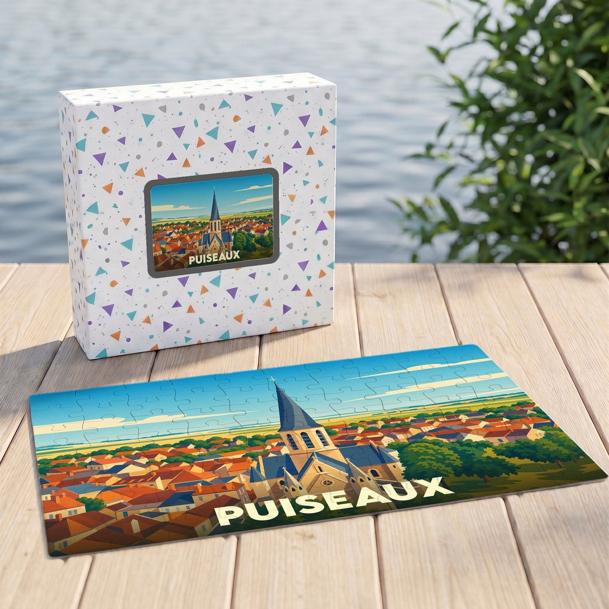 Puzzle souvenir de la ville de Puiseaux avec une illustration panoramique stylisée.