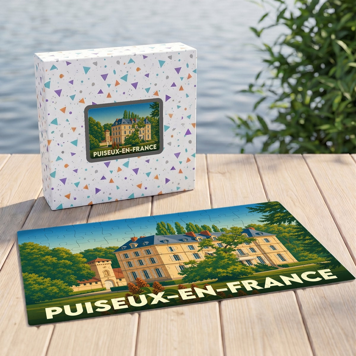 Puzzle souvenir de la ville de Puiseux-en-France avec une illustration stylisée d'un château.