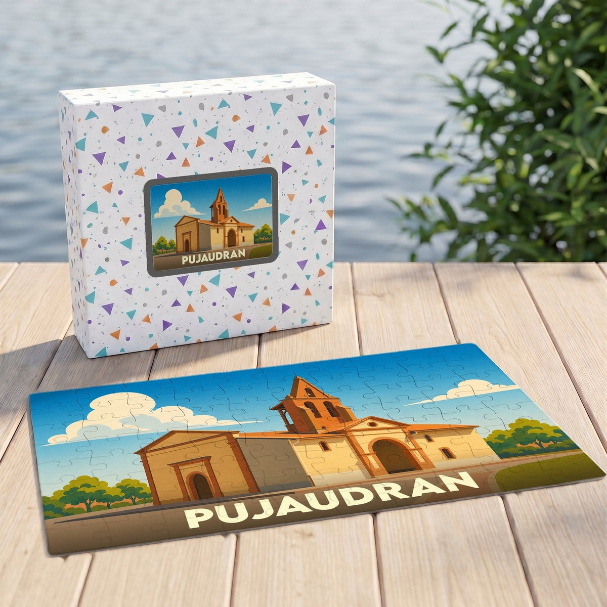 Puzzle souvenir de la ville de Pujaudran présentant une illustration stylisée de son église sur sa boîte et ses pièces assemblées.