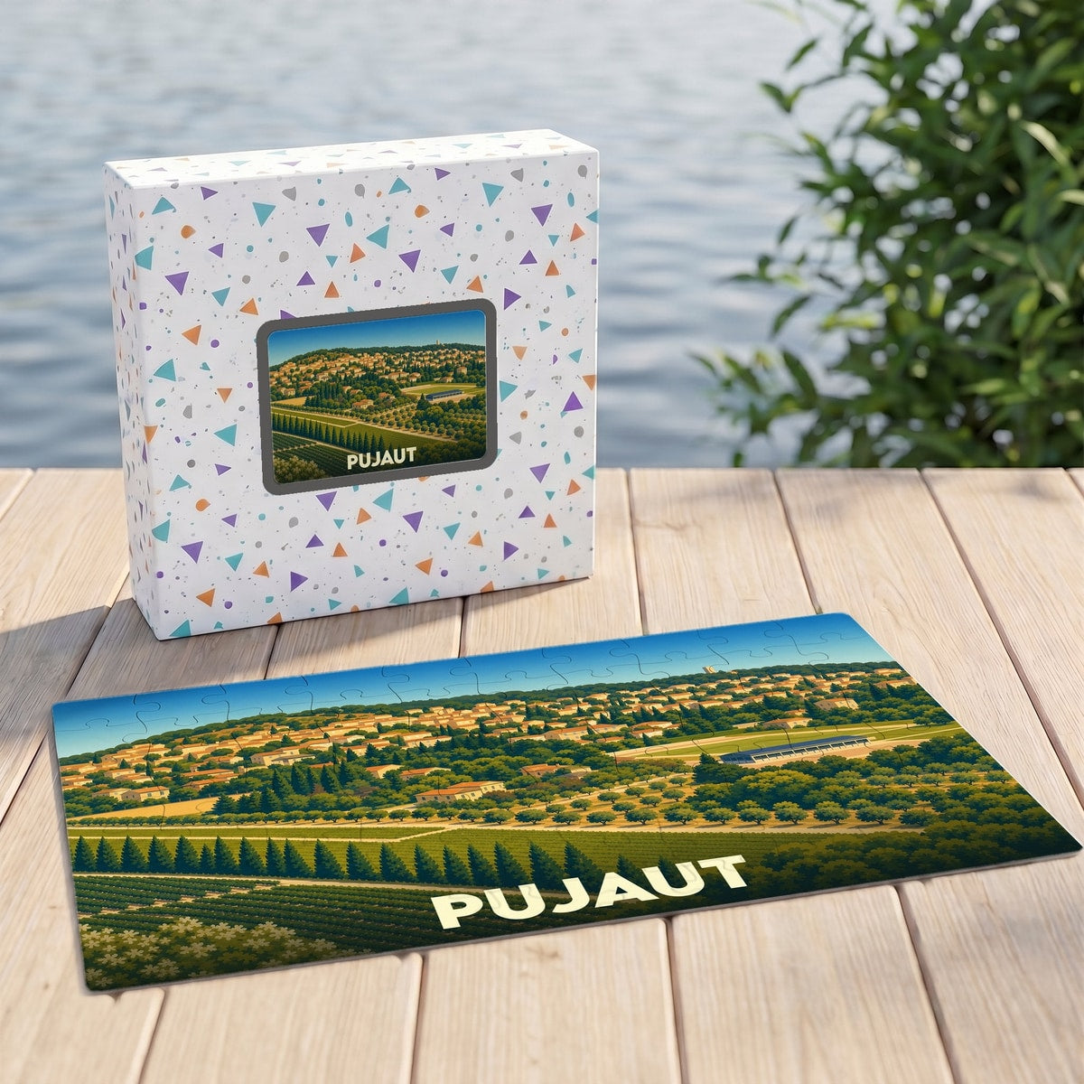 Puzzle souvenir de la ville de Pujaut avec une illustration stylisée de son paysage.