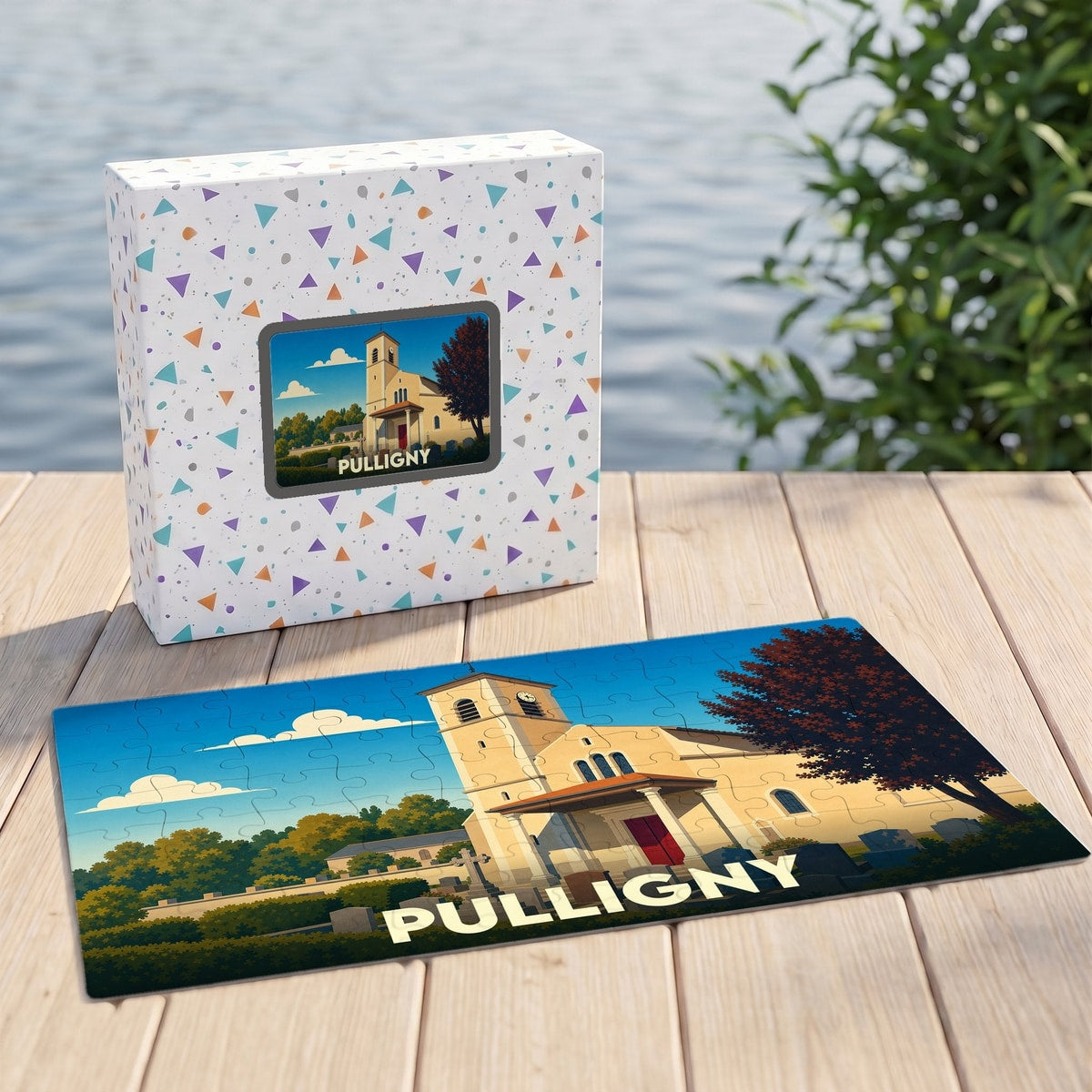 Puzzle souvenir de la ville de Pulligny avec une illustration stylisée d'une église sur sa boîte et en version assemblée.