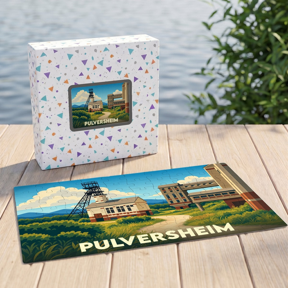 Puzzle souvenir de la ville de Pulversheim illustrant un paysage industriel stylisé.
