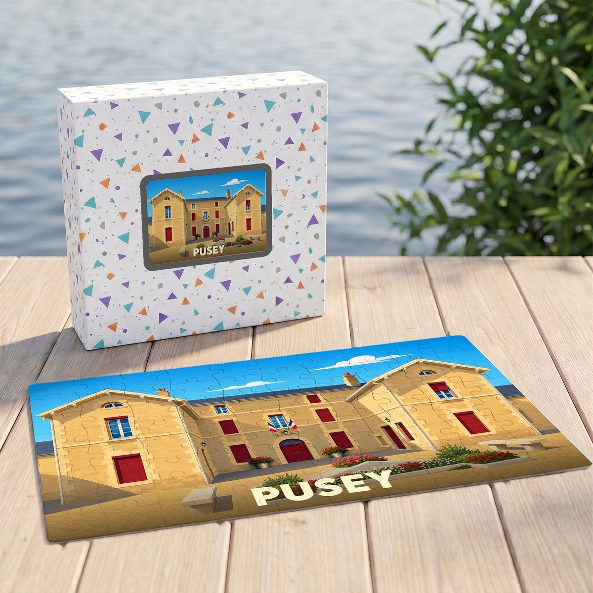 Puzzle souvenir de la ville de Pusey avec une illustration stylisée d'un bâtiment historique.