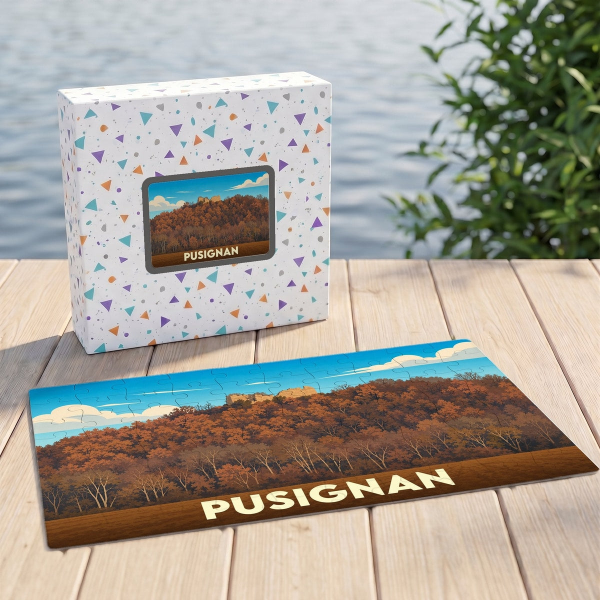 Puzzle souvenir de la ville de Pusignan représentant un paysage d'automne illustré.