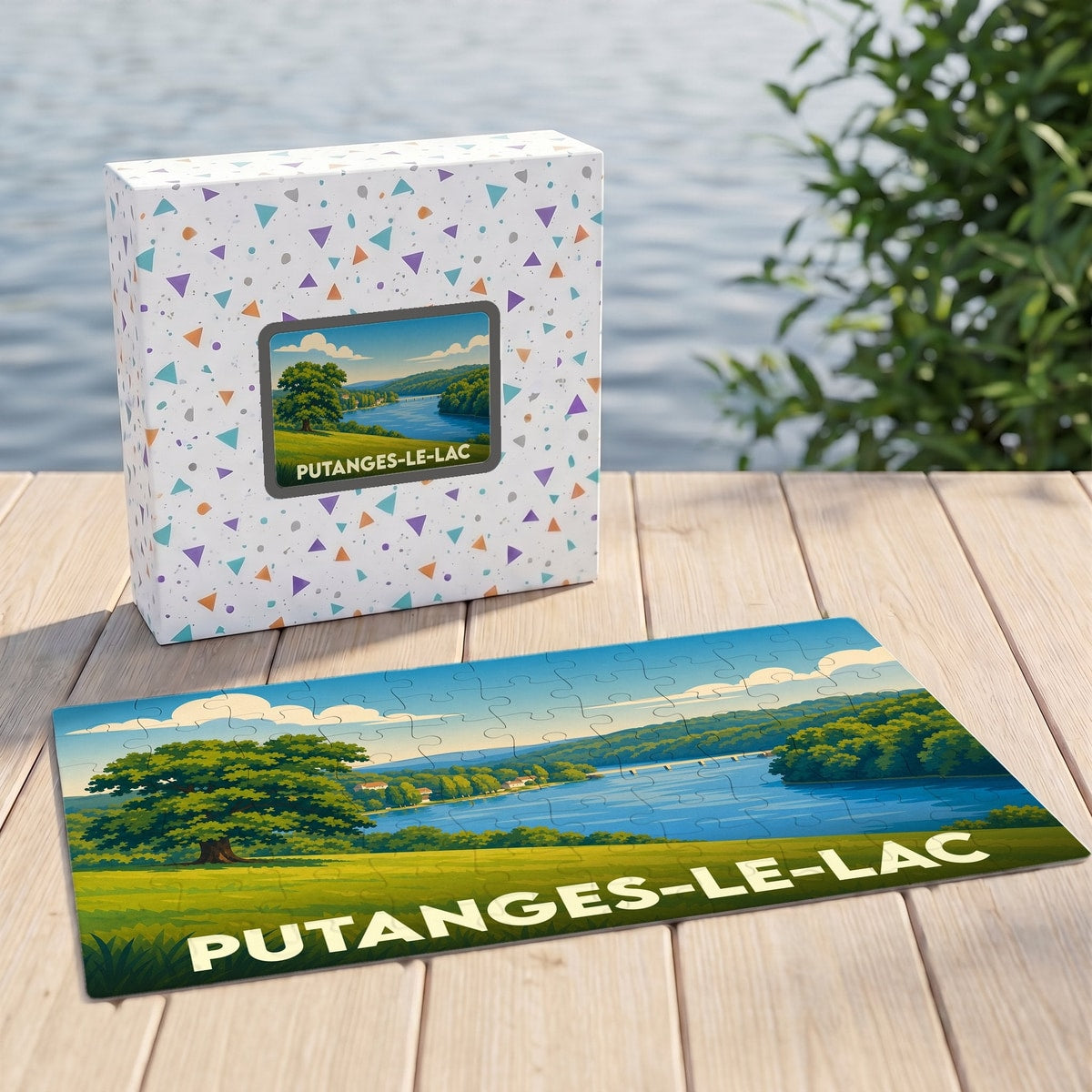 Puzzle souvenir de la ville de Putanges-le-Lac avec une illustration stylisée d'un paysage de lac.