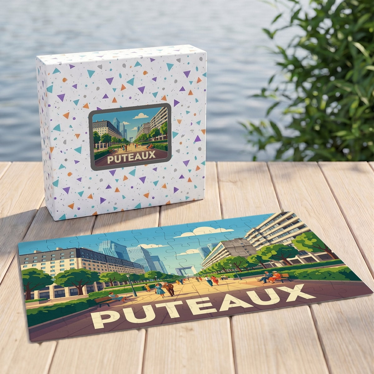 Puzzle souvenir de la ville de Puteaux avec une illustration stylisée et colorée.