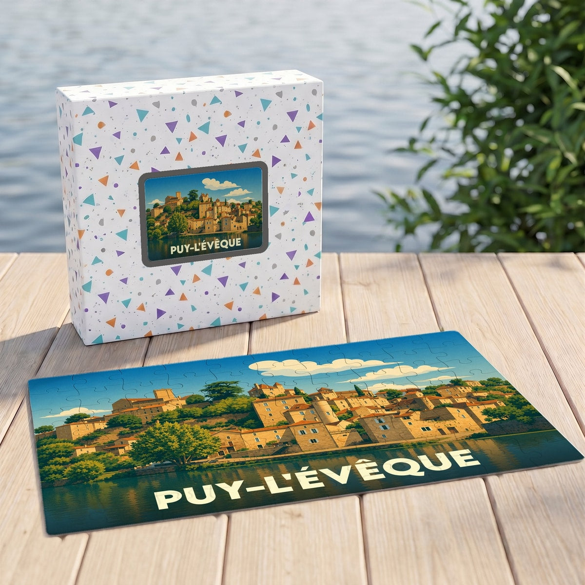 Puzzle souvenir de la ville de Puy-l'Évêque avec une illustration stylisée d'un village en bord de rivière.