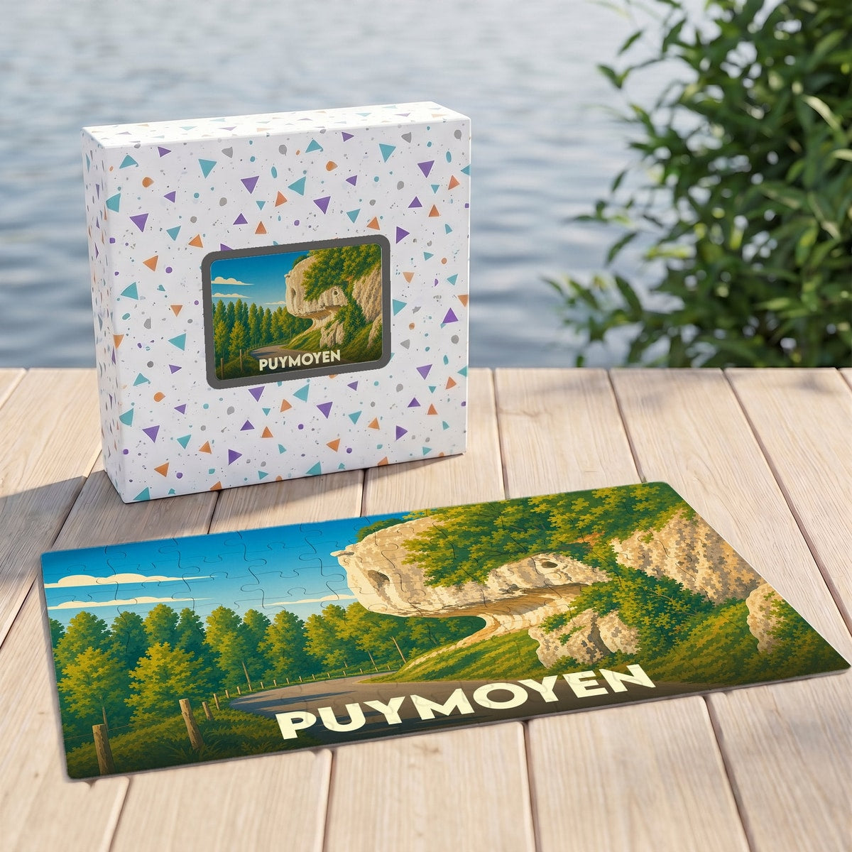 Puzzle souvenir de la ville de Puymoyen avec une illustration stylisée d'un paysage rocheux.