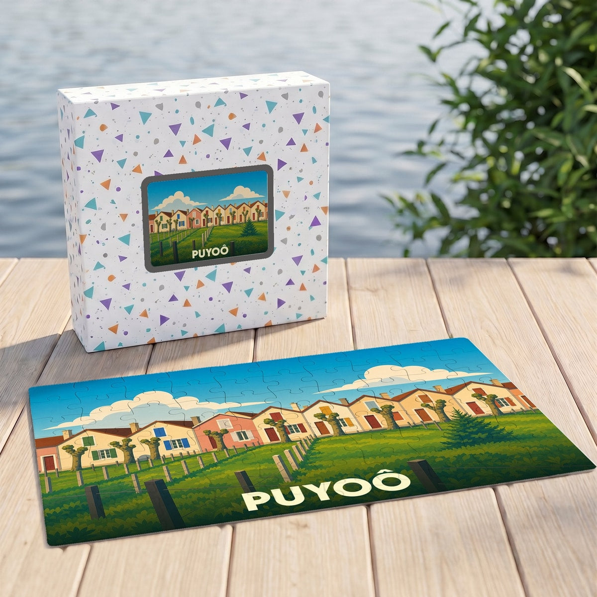 Puzzle souvenir de la ville de Puyoô illustrant une rangée de maisons colorées dans un style graphique épuré.