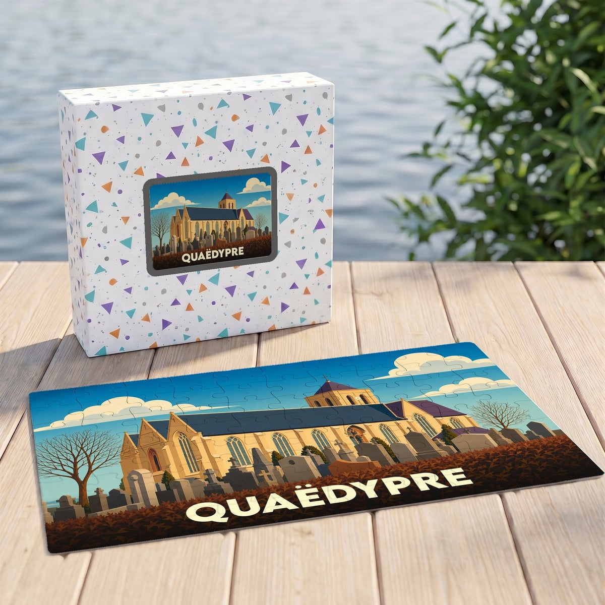 Puzzle souvenir de la ville de Quaëdypre illustrant son église et son cimetière dans un style graphique épuré.