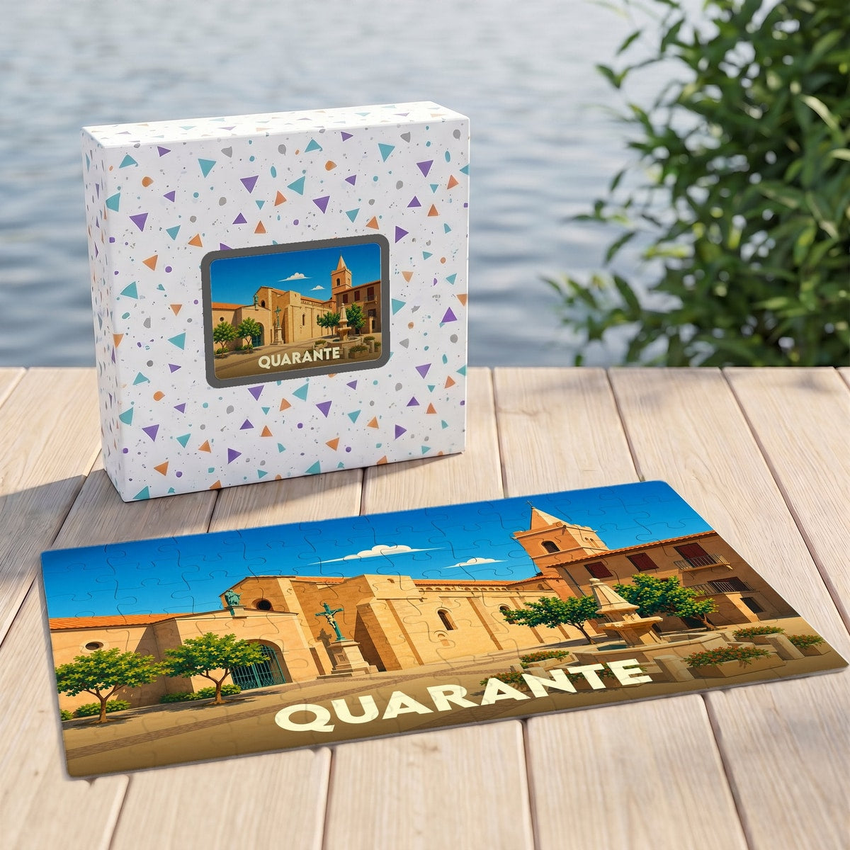 Puzzle souvenir de la ville de Quarante avec une illustration colorée et stylisée.
