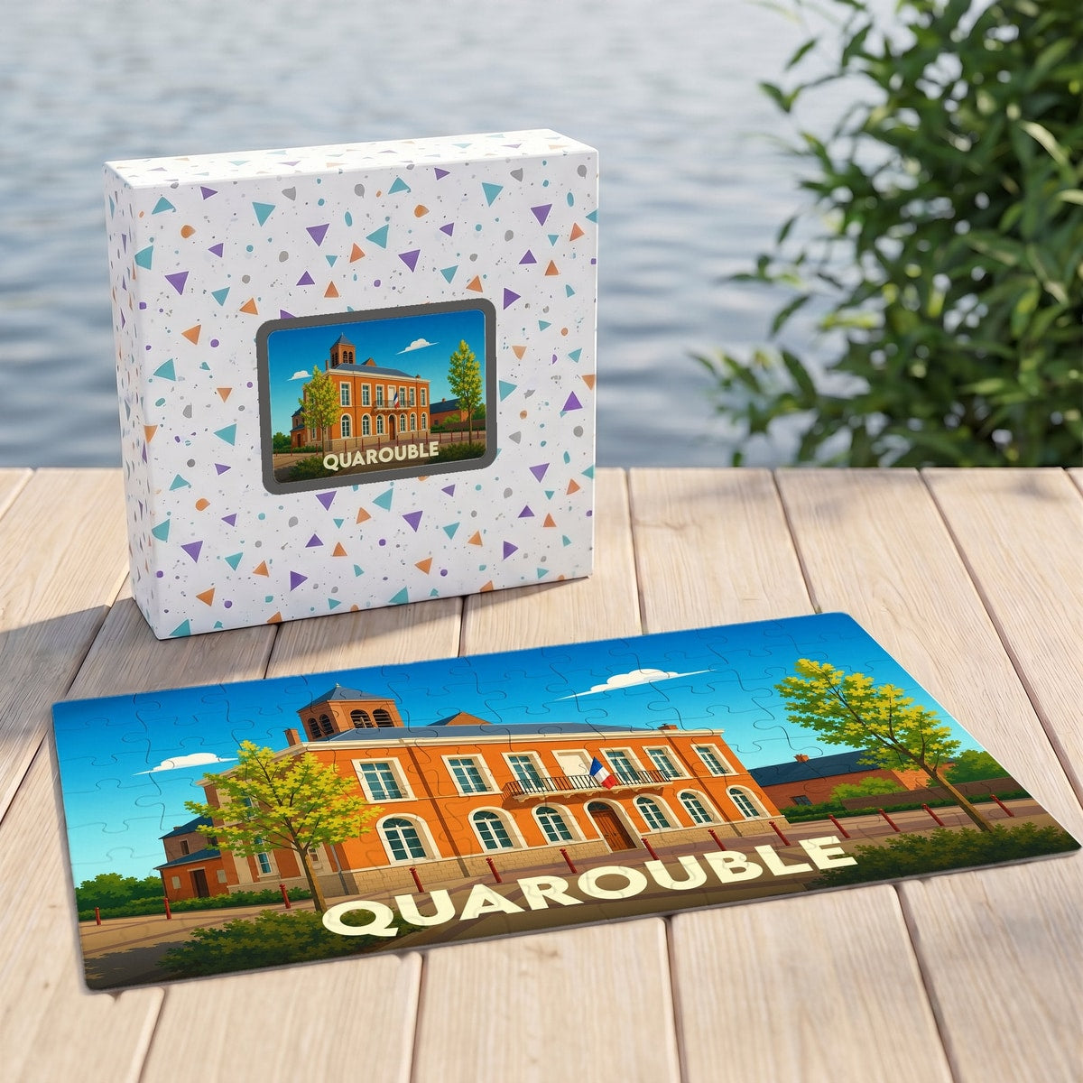 Puzzle souvenir de la ville de Quarouble avec une illustration stylisée de sa mairie.
