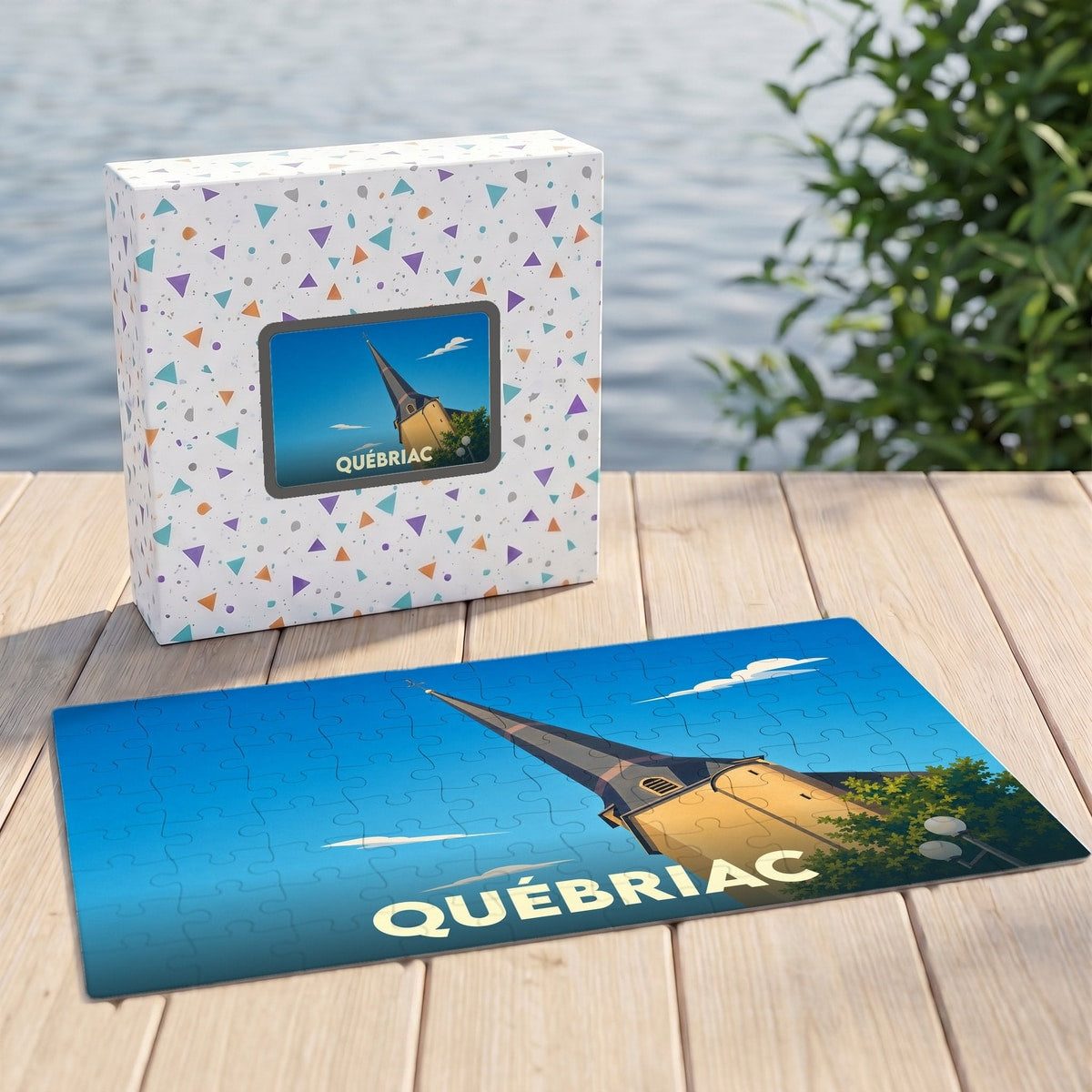 Puzzle souvenir de la ville de Québriac avec une illustration stylisée de son église.