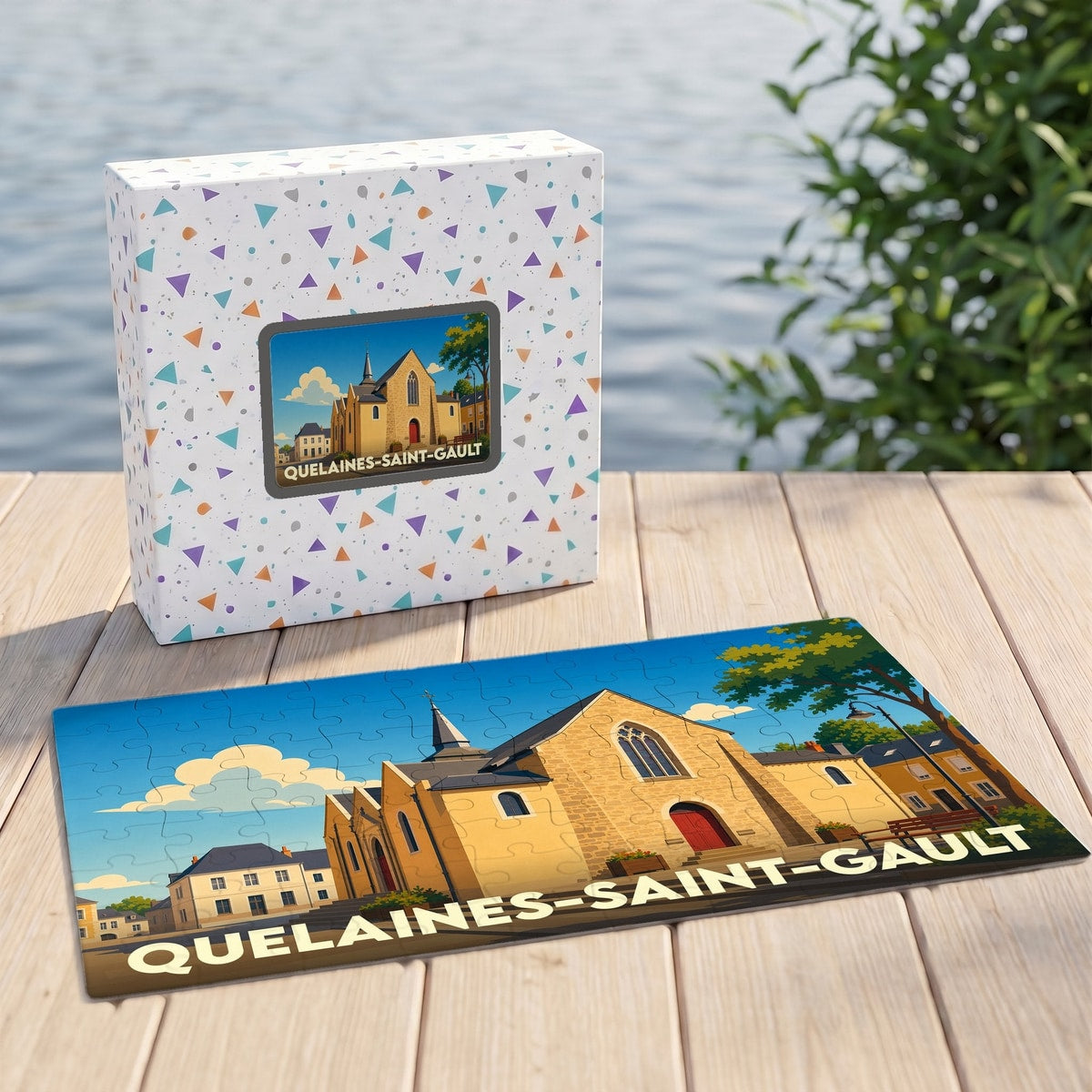 Puzzle souvenir de la ville de Quelaines-Saint-Gault avec une illustration stylisée de son église.