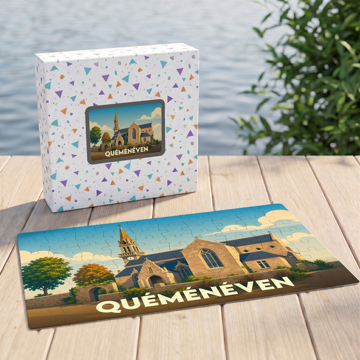 Puzzle souvenir de la ville de Quéménéven avec une illustration stylisée de son église.
