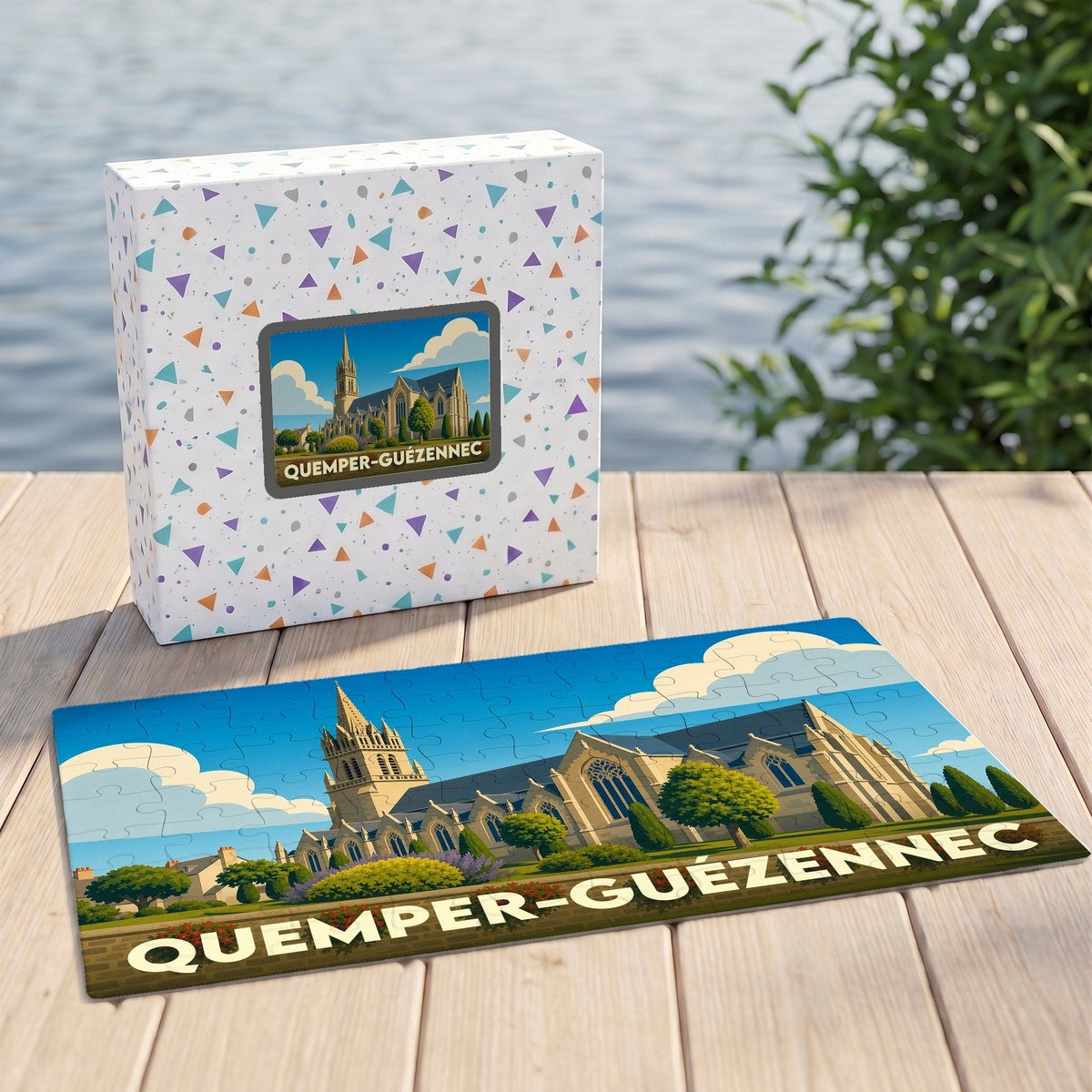 Puzzle souvenir de la ville de Quemper-Guézennec avec une illustration stylisée de son église.