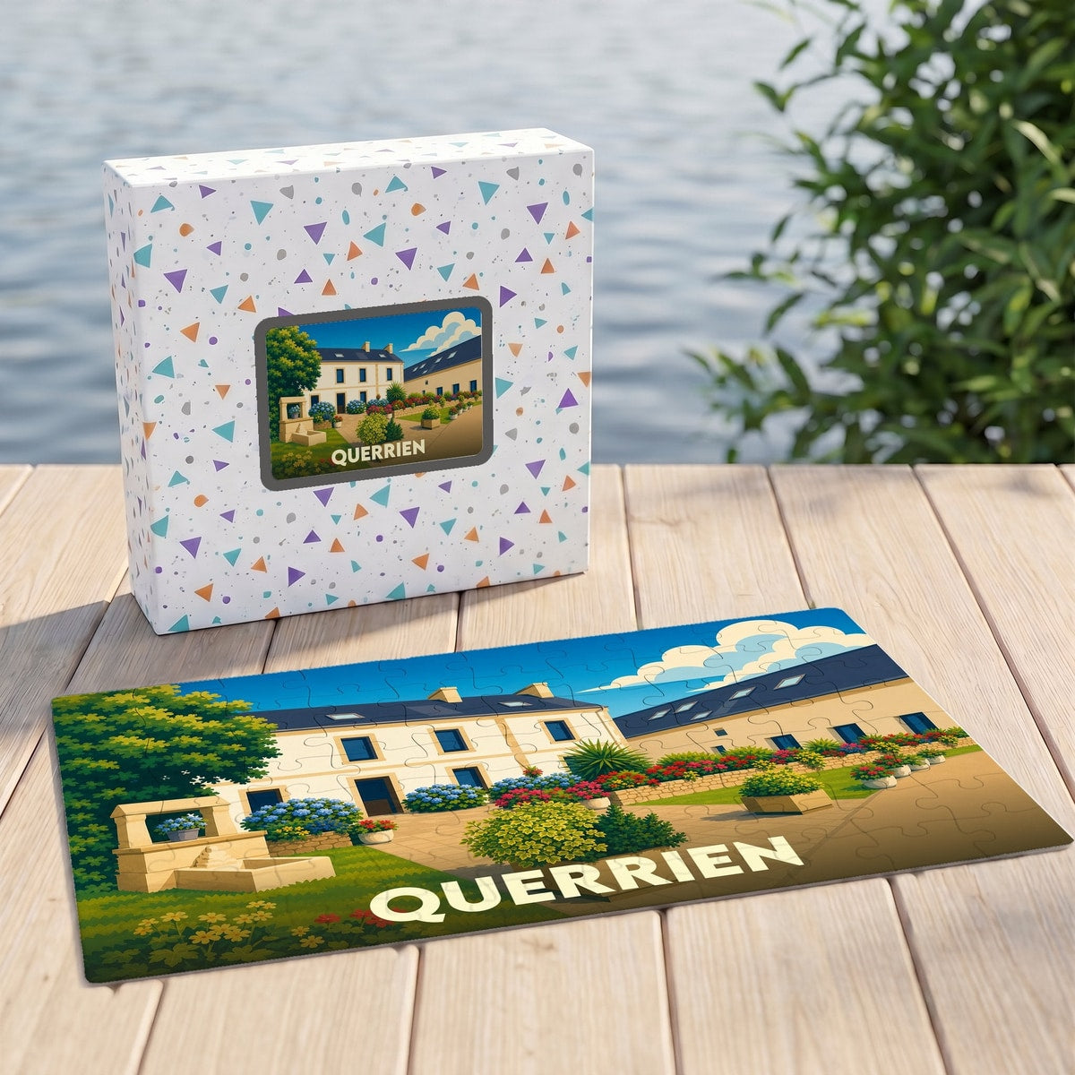 Puzzle souvenir de la ville de Querrien avec une illustration stylisée d'un paysage urbain fleuri.