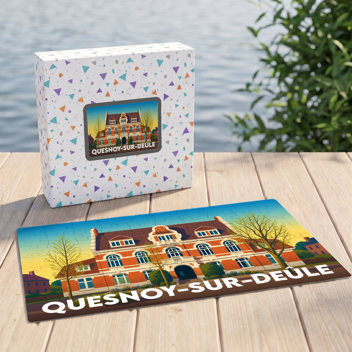 Puzzle souvenir de la ville de Quesnoy-sur-Deûle avec une illustration stylisée de l'hôtel de ville.