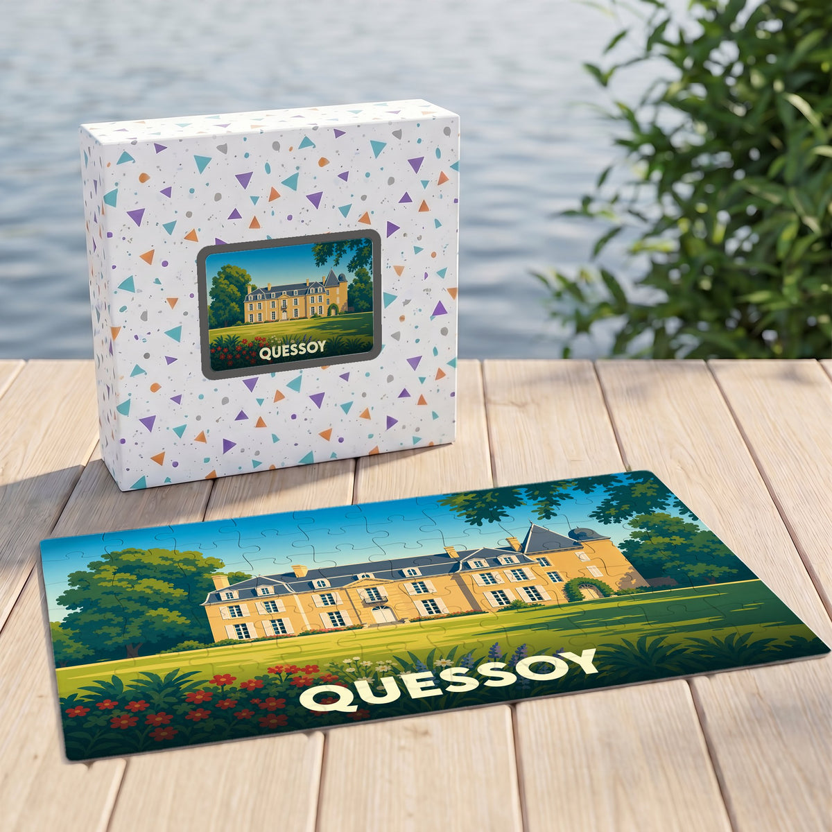 Puzzle souvenir de la ville de Quessoy illustré d'un château avec son emballage assorti.