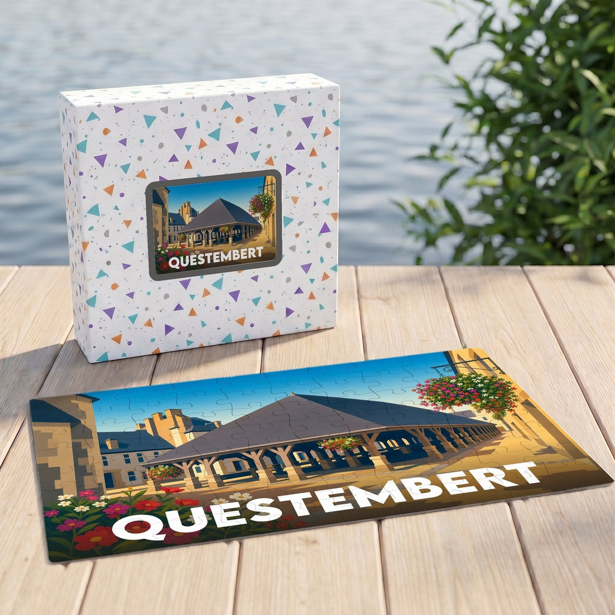 Puzzle souvenir de la ville de Questembert représentant ses halles historiques dans un style illustré.