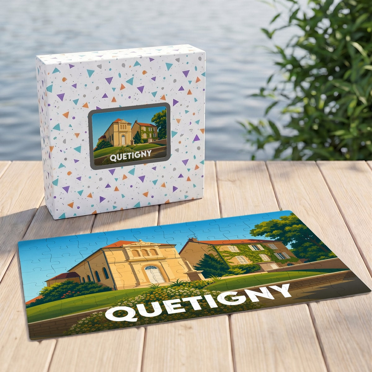 Puzzle souvenir de la ville de Quetigny avec une illustration stylisée d'un bâtiment historique.