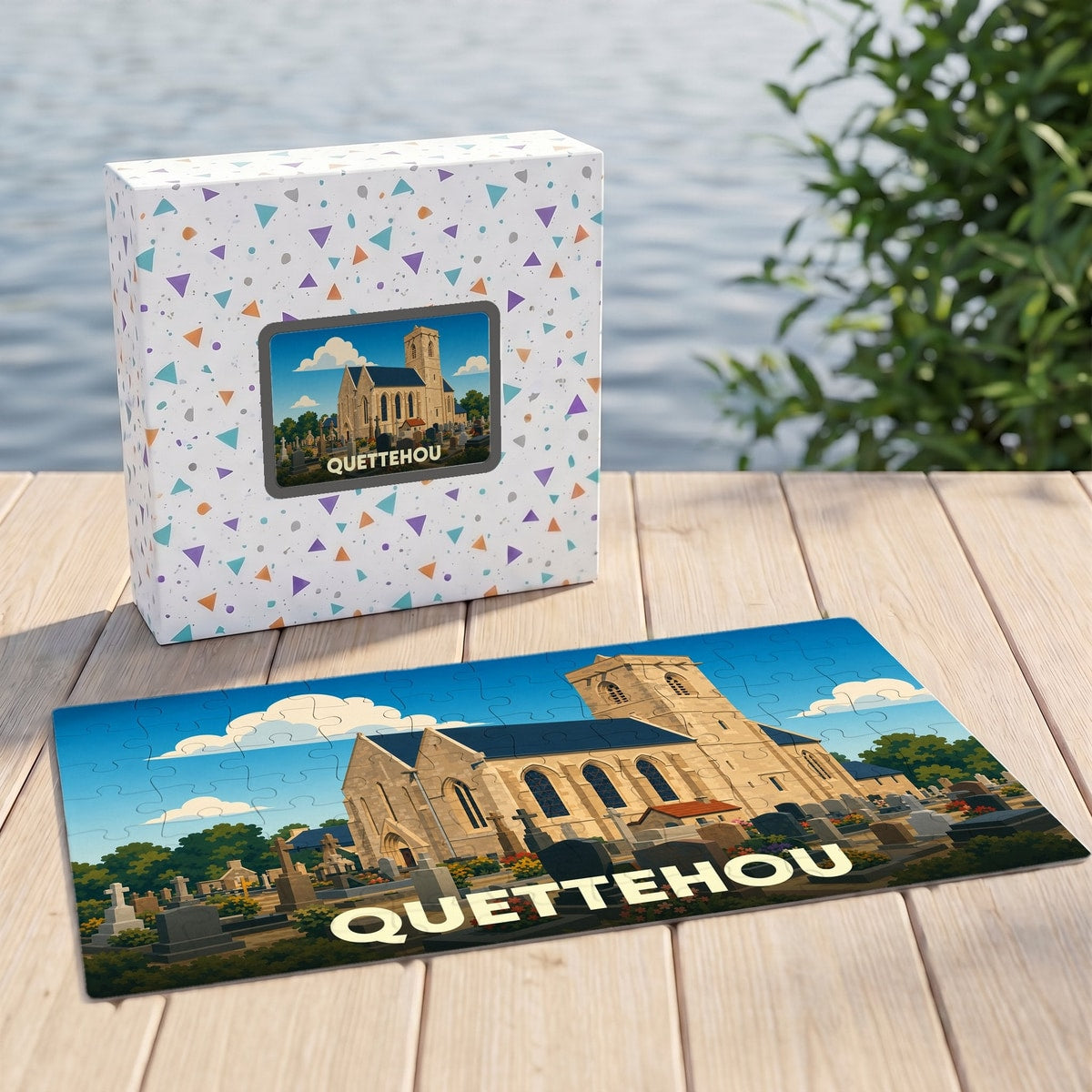 Puzzle souvenir de la ville de Quettehou représentant son église et son cimetière dans un style illustré.
