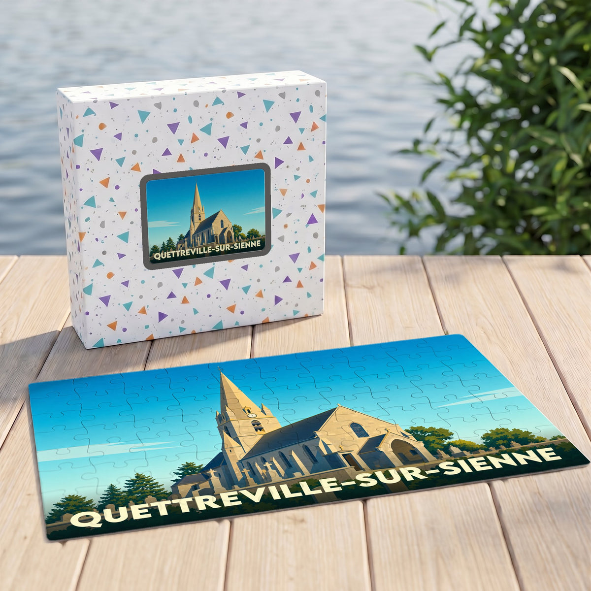 Puzzle souvenir de la ville de Quettreville-sur-Sienne avec une illustration stylisée de son église.