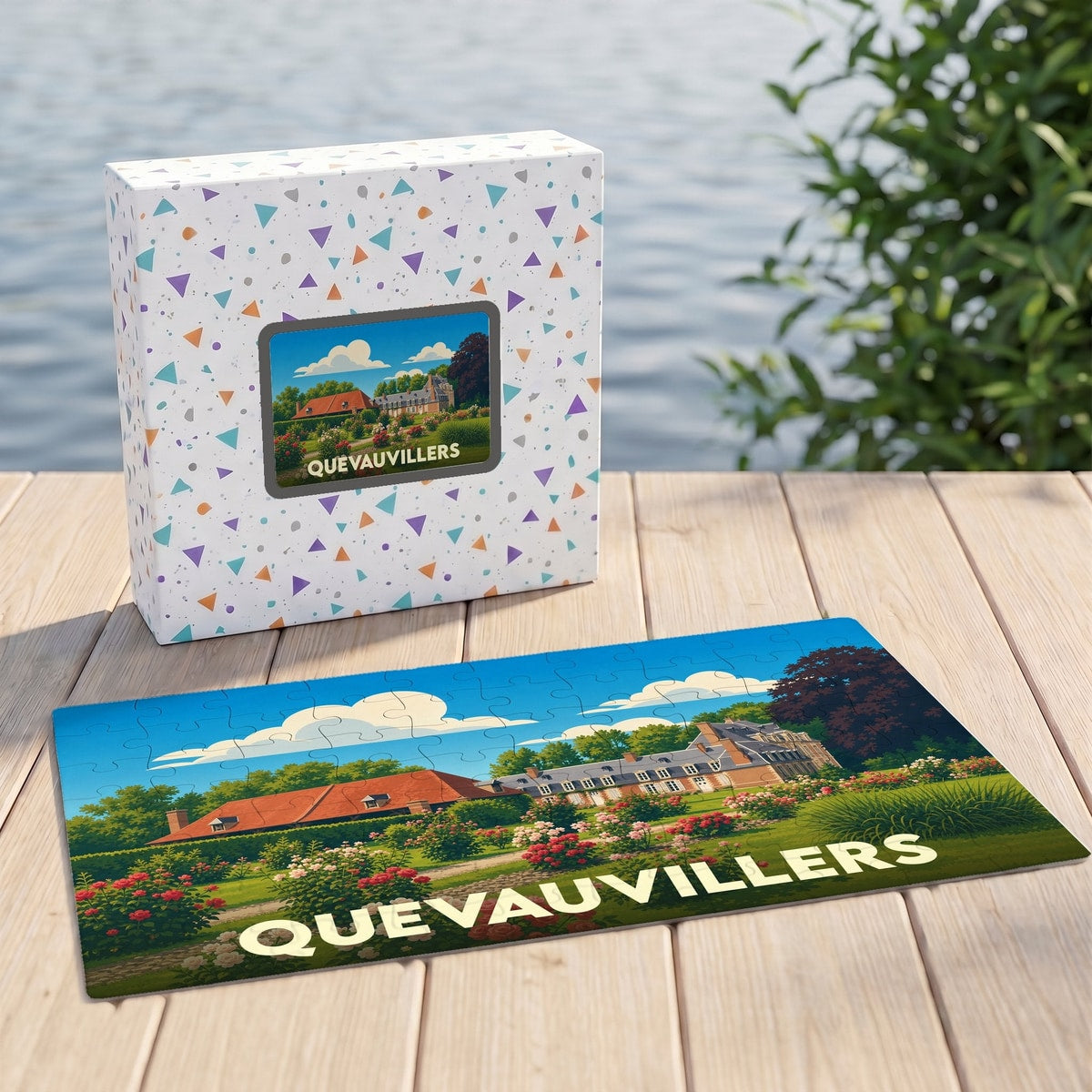 Puzzle souvenir de la ville de Quevauvillers avec une illustration stylisée de son patrimoine.