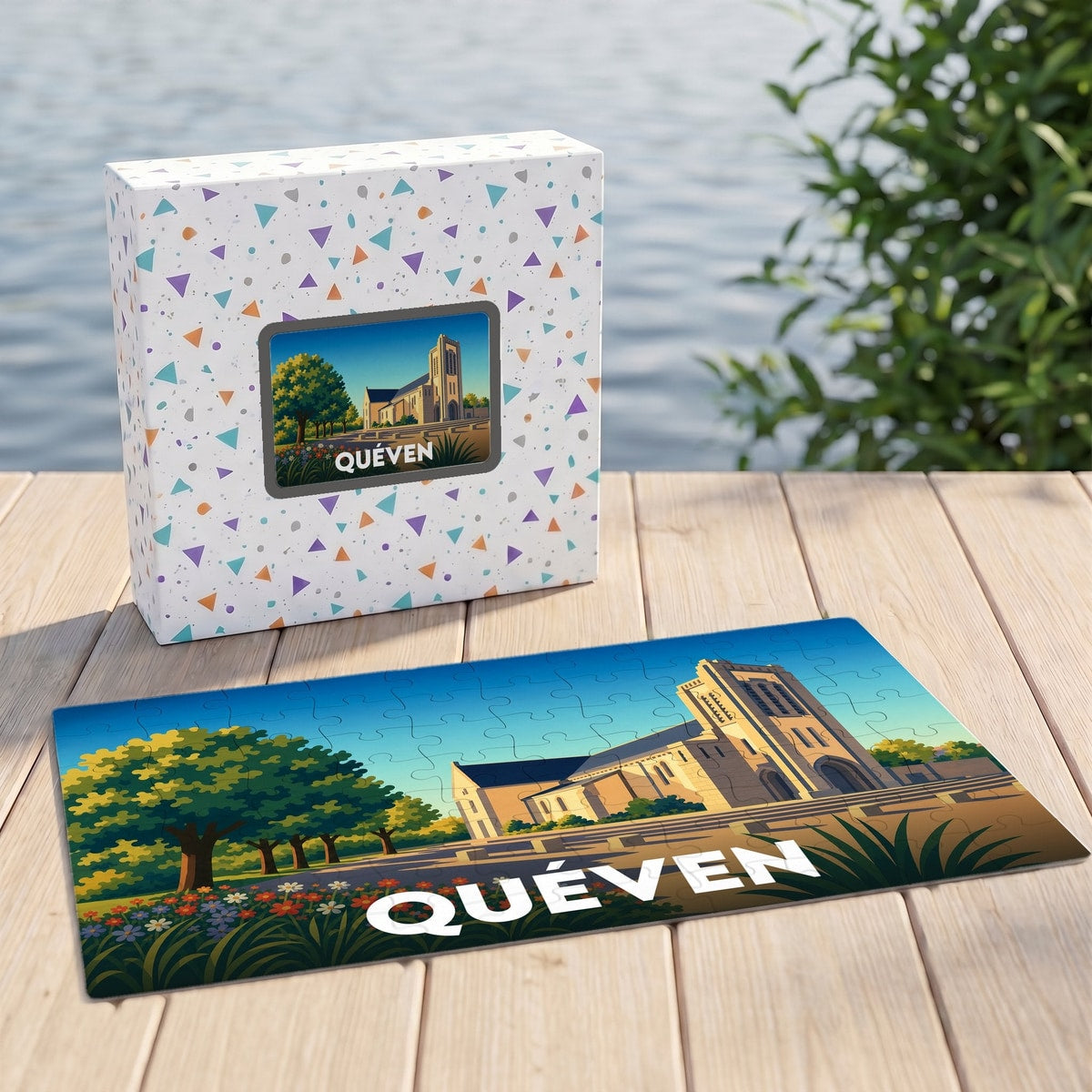 Puzzle souvenir de la ville de Quéven avec une illustration stylisée de son église.